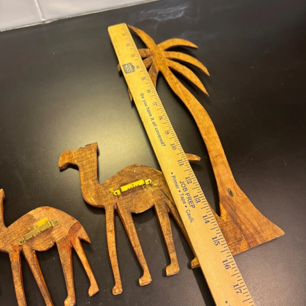 Handcrafted Wood Wall Art Set 4pc Brown Camel Palm Tree Desert Silhouette Decor